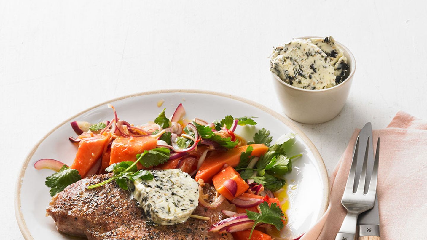 Schweinesteak mit Papaya und Algenbutter Rezept