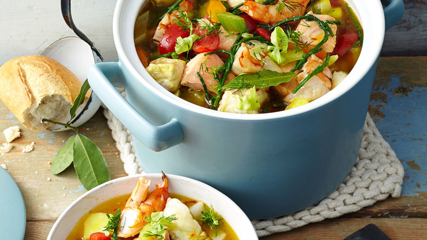 Fisch-Pot-au-feu mit Garnelen und Safran Rezept