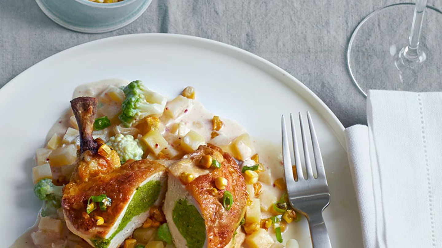 Gefüllte Maispoulardenbrust auf Kartoffelragout Rezept