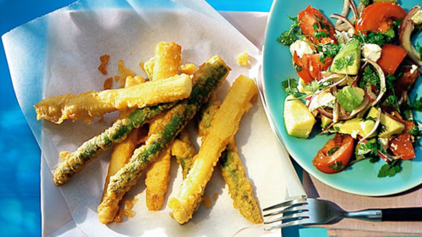 Spargel-Tempura mit Avocado-Tomaten-Salat Rezept