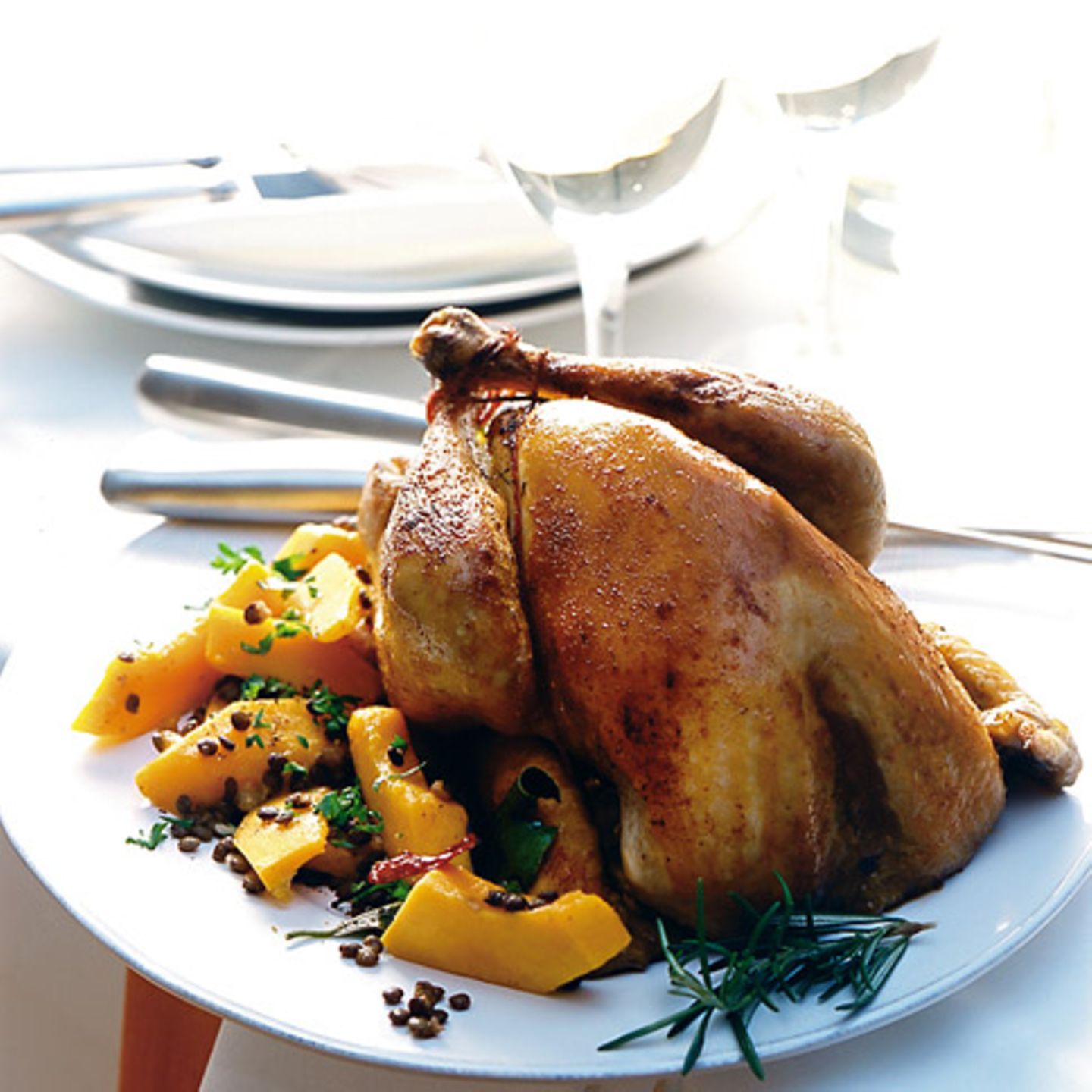 Perlhuhn mit Kürbis-Linsen-Gemüse