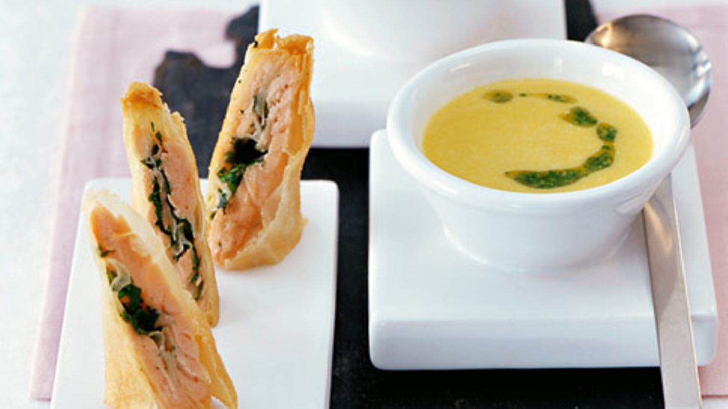 Maissuppe mit Lachs- Frühlingsröllchen Rezept