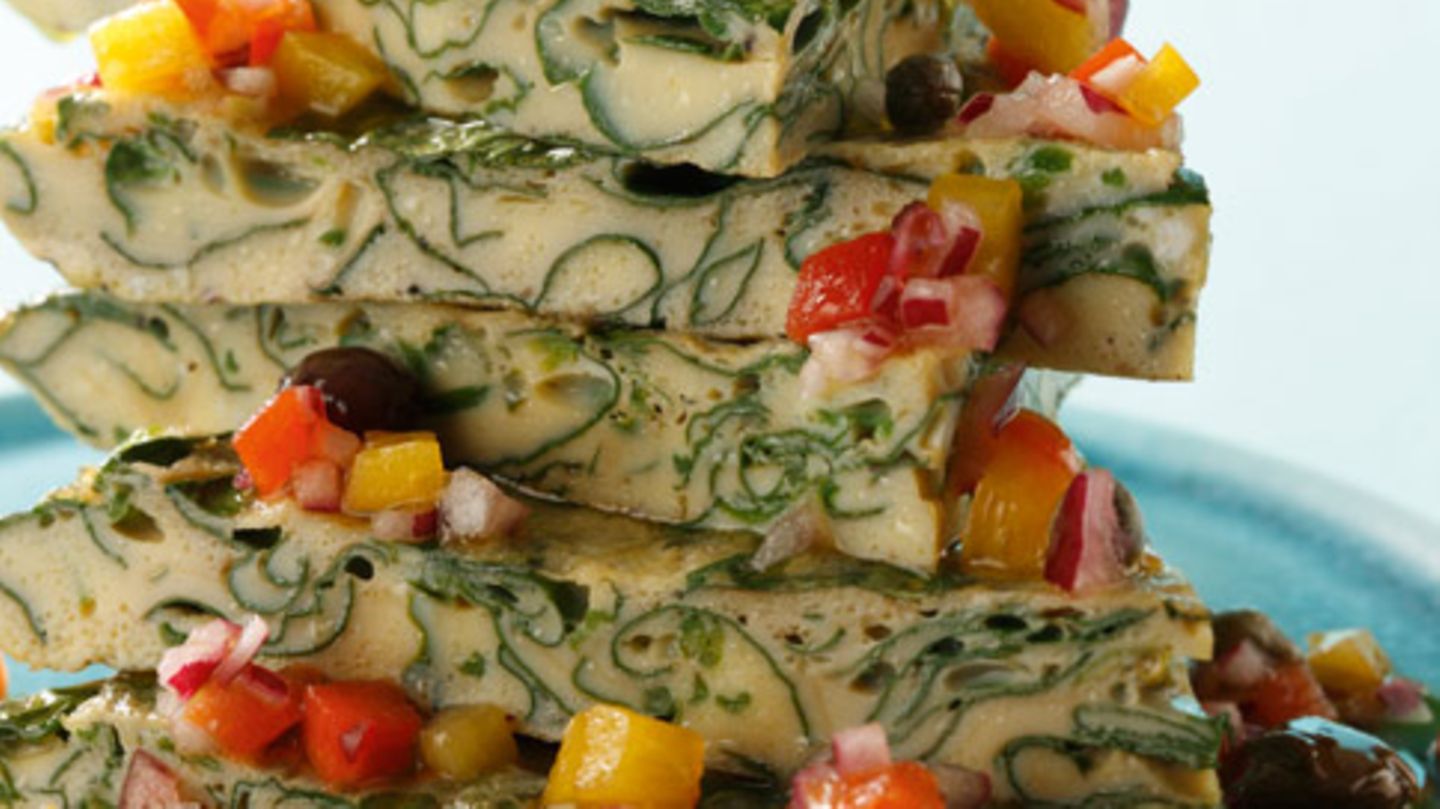 Brunnenkresse-Frittata mit Paprika-Vinaigrette Rezept