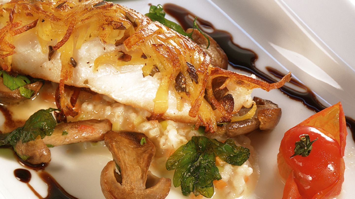 Zander im Kürbiskernrösti gebraten auf Steinpilz-Graupengemüse mit ...