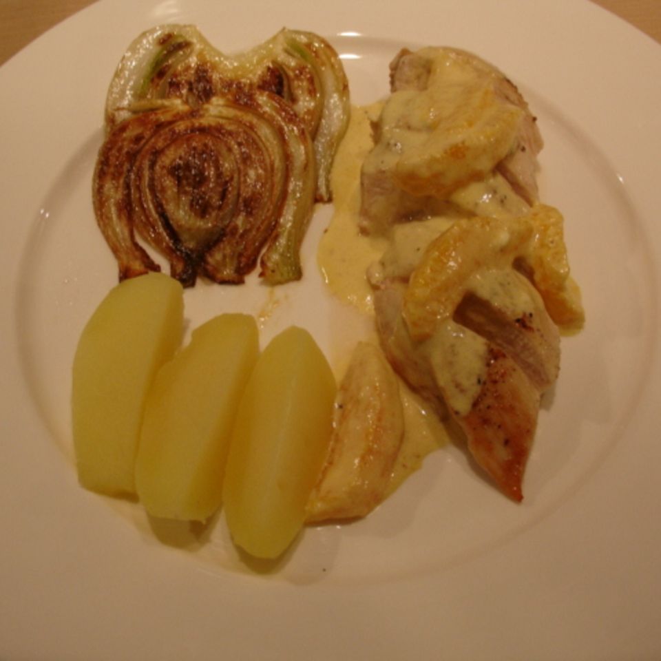 Hähnchenbrust in Orangen-Senf-Sauce mit gebratenem Fenchel Rezept ...