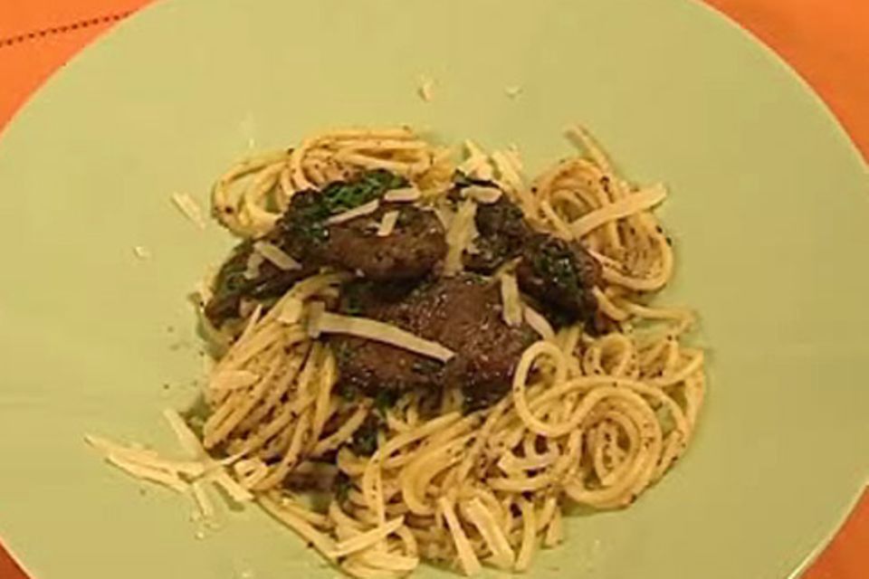 Spaghetti mit Pilzbutter und Entenleber Spaghetti mit Pilzbutter und Entenleber