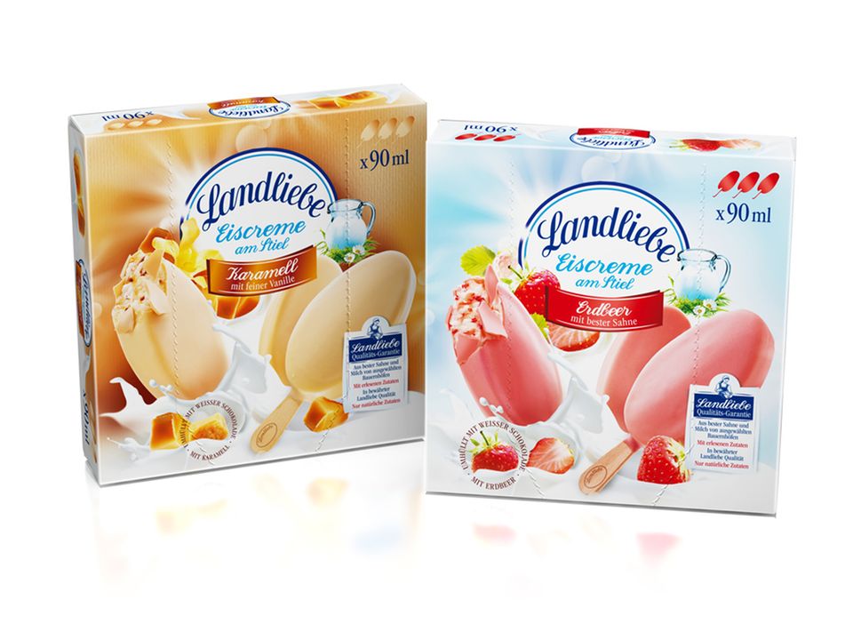 Landliebe Eis am Stiel in den Sorten Erdbeer und Karamell Landliebe Eis am Stiel in den Sorten Erdbeer und Karamell