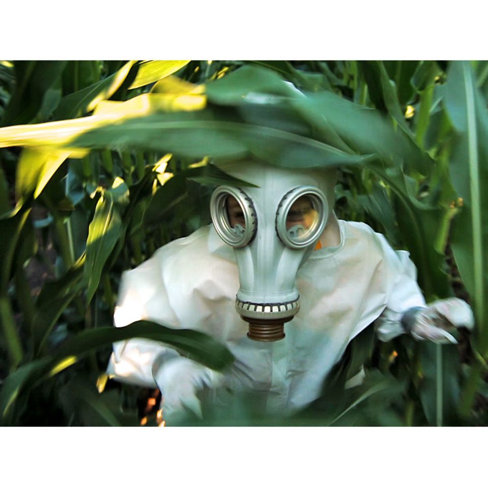 Person mit Schutzkleidung in einem Maisfeld. Filmstill aus GMO OMG