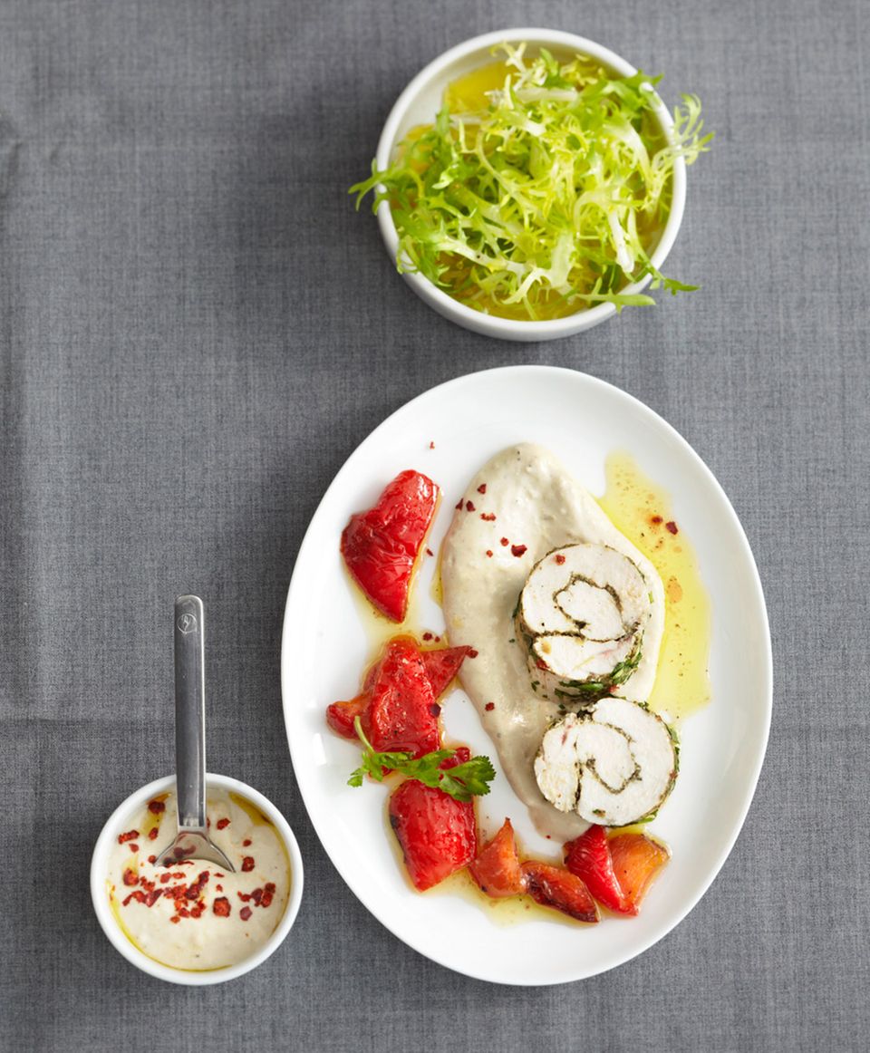 Edel: Hähnchenrouladen mit Kichererbsenmus Edel: Hähnchenrouladen mit Kichererbsenmus