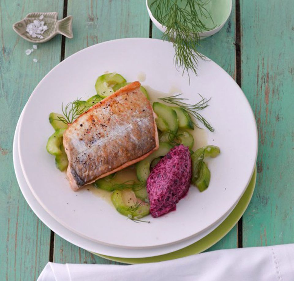 Gesund, lecker und für ein Abendessen optimal: Saibling auf lauwarmem Gurkengemüse Gesund, lecker und für ein Abendessen optimal: Saibling auf lauwarmem Gurkengemüse