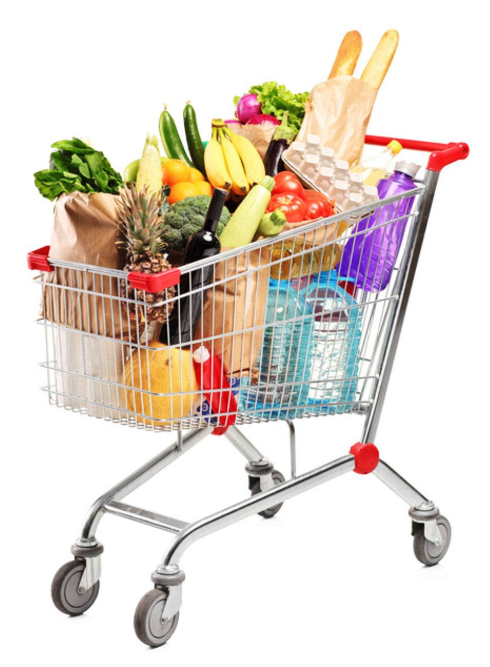 Schwere Produkte stehen im Einkaufswagen besser unten, Gemüse und Obst obendrauf Schwere Produkte stehen im Einkaufswagen besser unten, Gemüse und Obst obendrauf