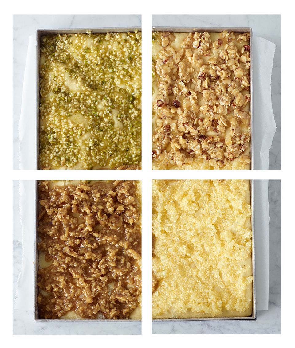 v.l.n.r.: Topping mit Pistazie, Walnuss, Haselnuss und Kokosnuss v.l.n.r.: Topping mit Pistazie, Walnuss, Haselnuss und Kokosnuss