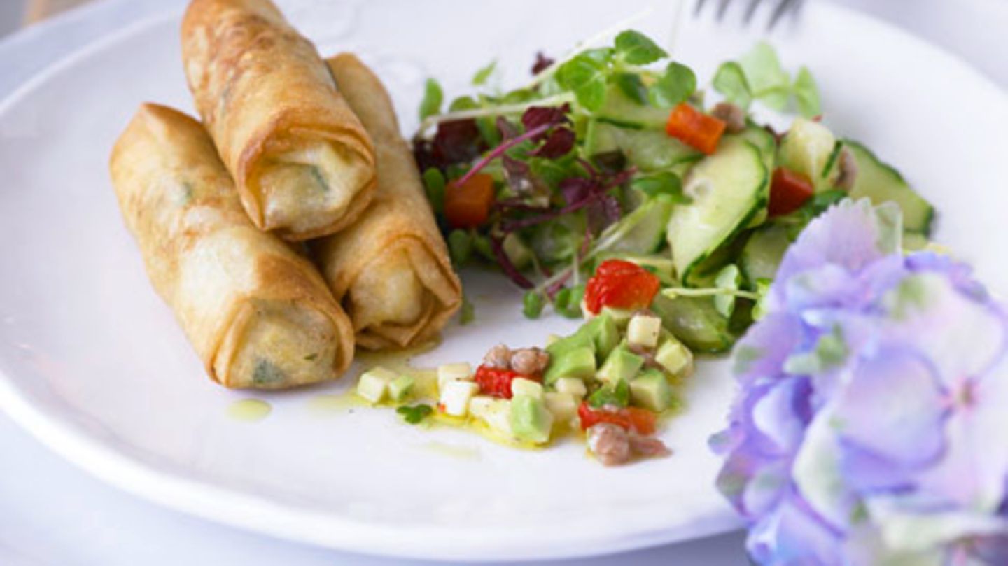 Babymais-Garnelen-Frühlingsrollen mit Kresse-Avocado-Salat Rezept ...
