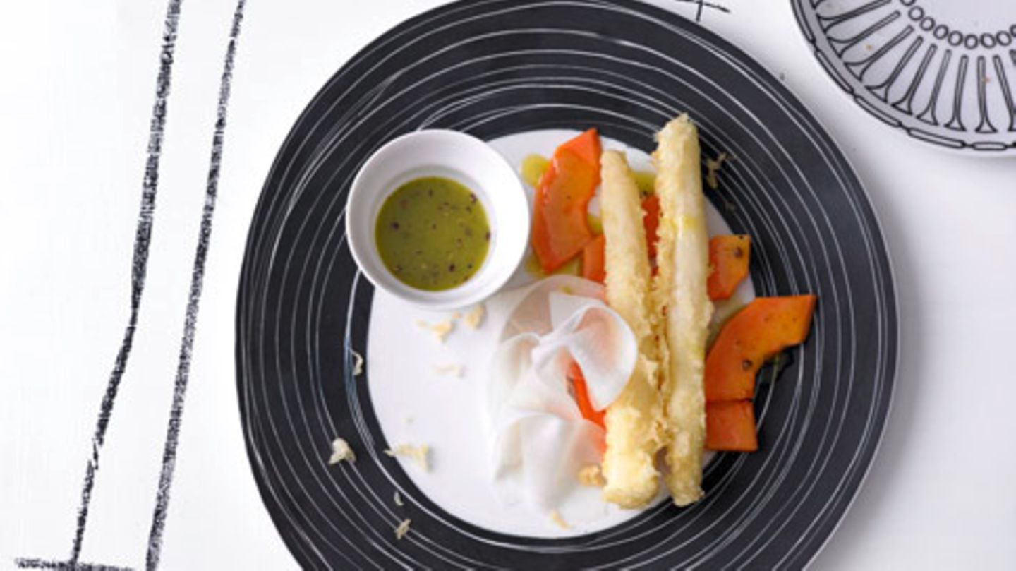 Spargel-Tempura mit Papaya und Rettich Rezept