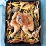 Plattes Huhn mit Pommes