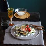 Spaghettini mit Specksauce, Artischocken und Dorade