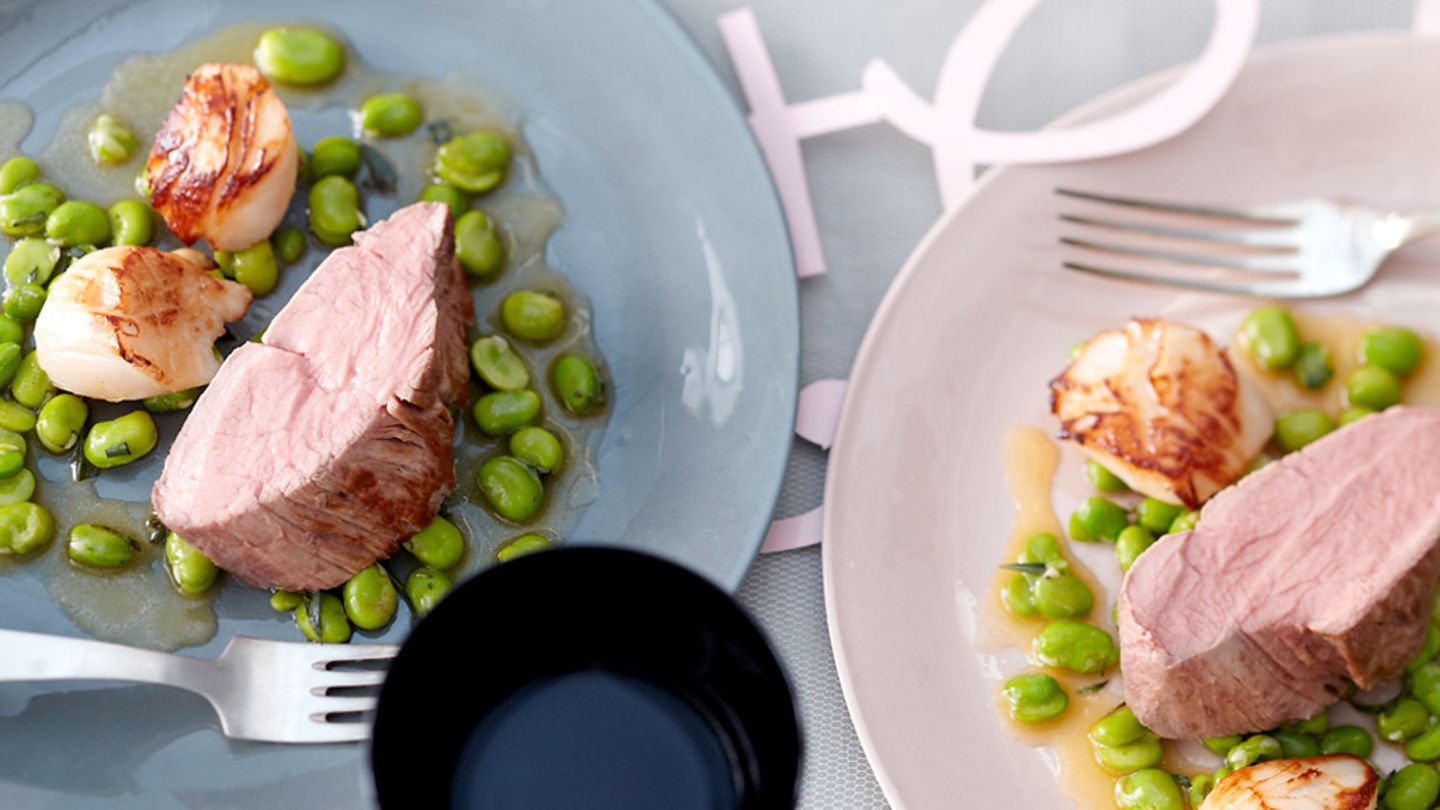 Kalbsfilet und Jakobsmuscheln mit Bohnenkernen Rezept