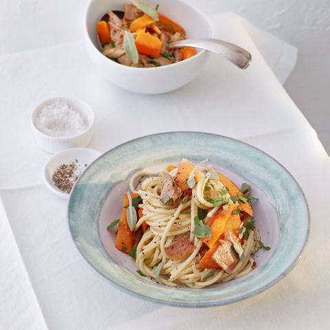 Aus Venetien: Spaghetti mit Entenfleisch und Kürbis