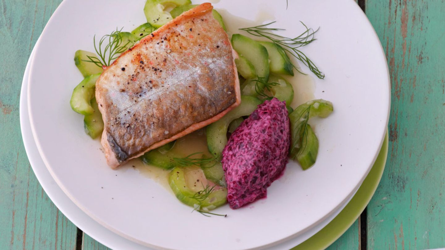 Saibling auf lauwarmem Gurkengemüse Rezept