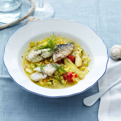 Bouillabaisse-Risotto mit Spargel