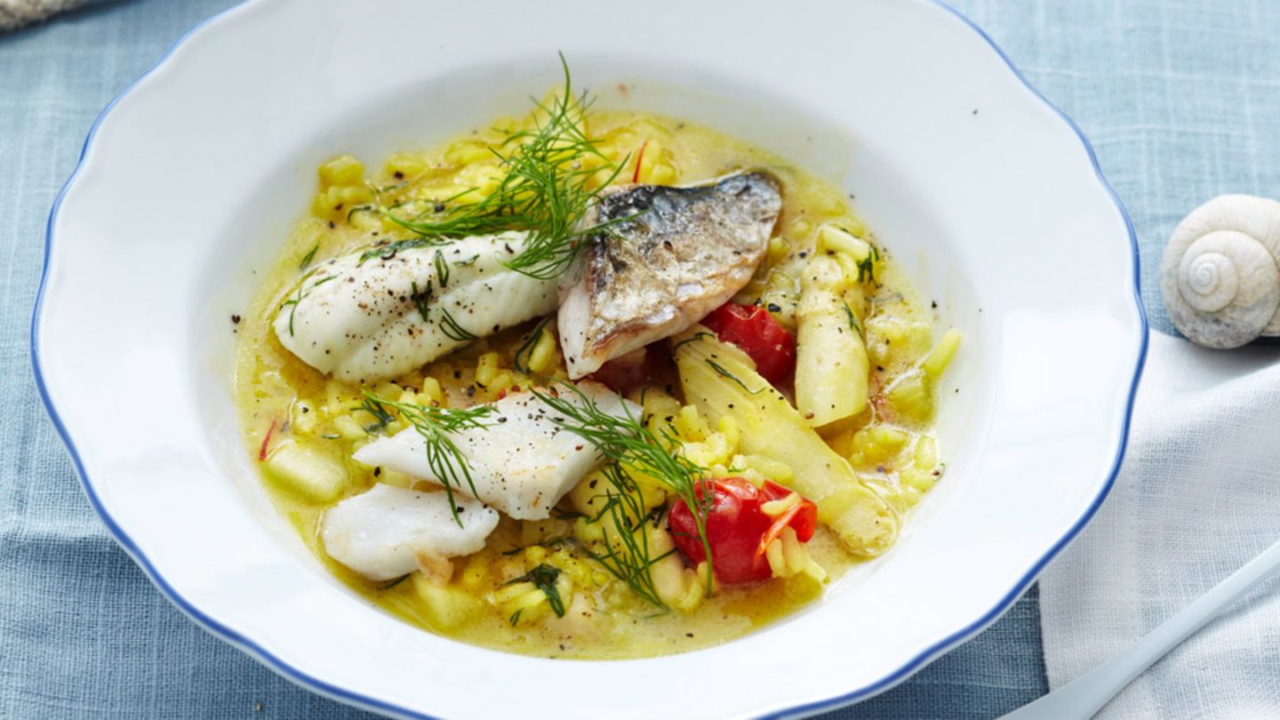 Bouillabaisse-Risotto mit Spargel Rezept