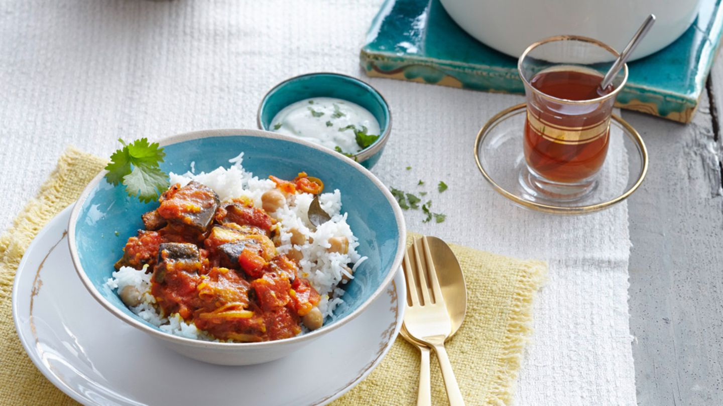 Auberginencurry mit Kichererbsen-Reis Rezept
