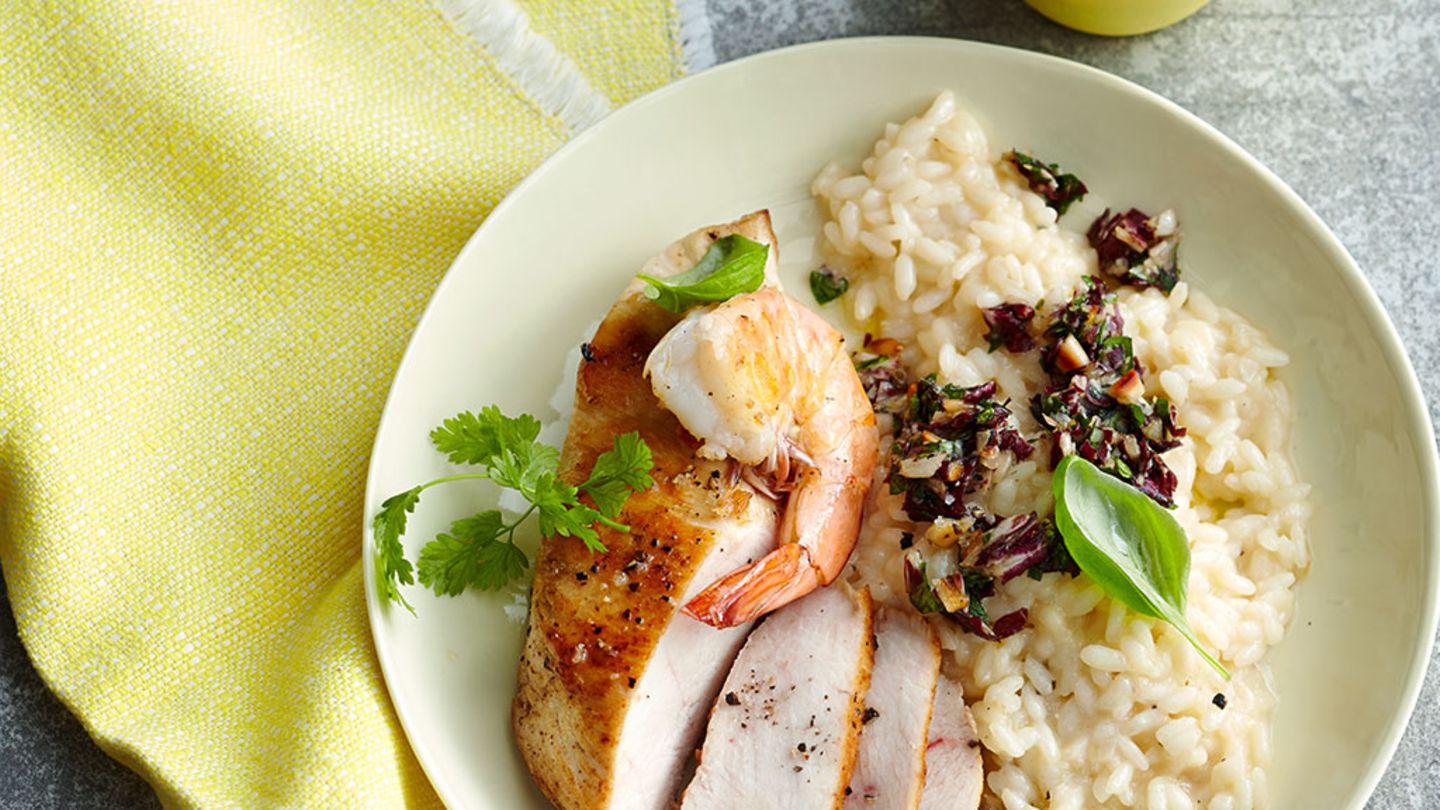 Hähnchenbrust mit Riesengarnele und Risotto Rezept