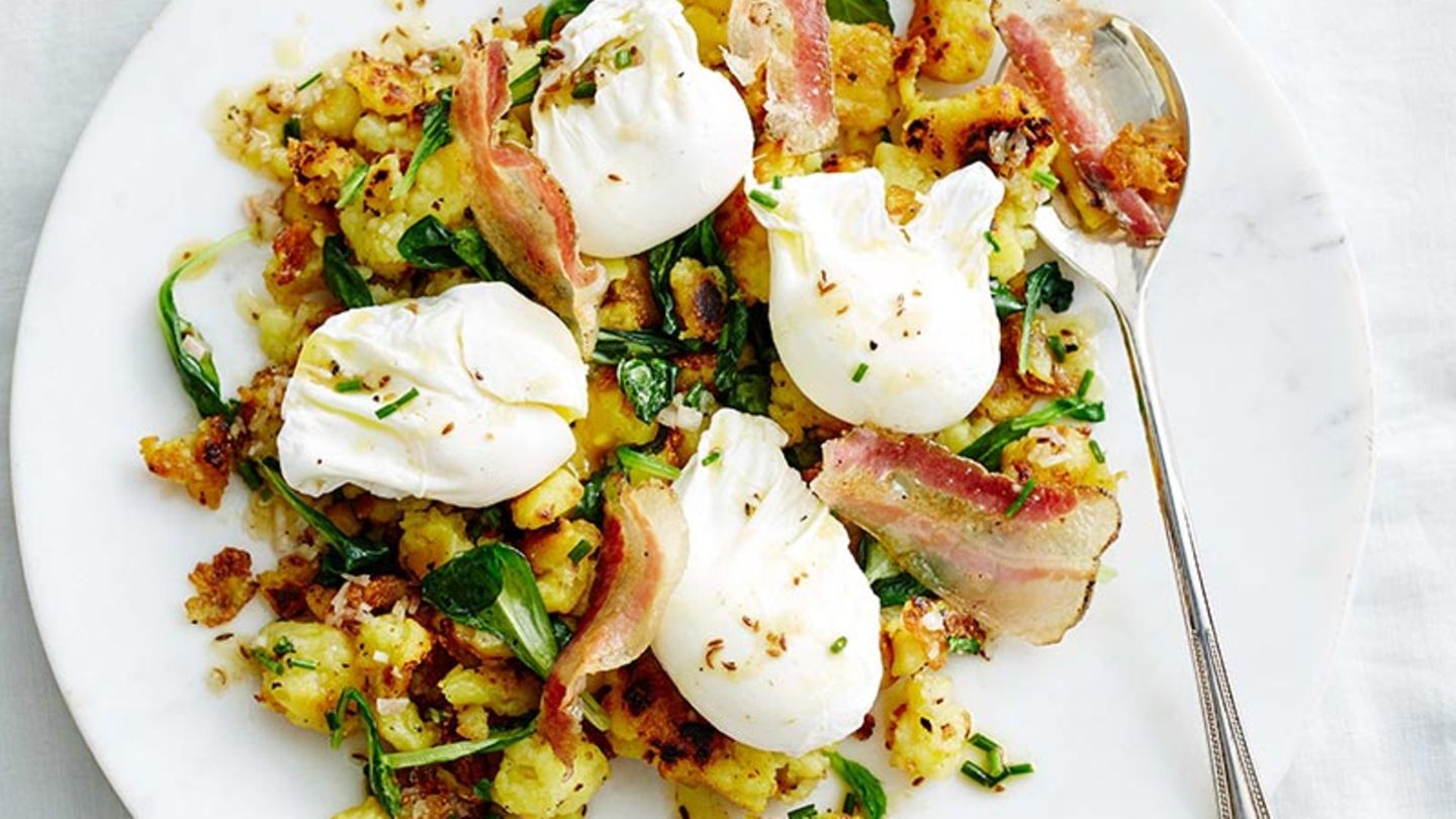 Kartoffelstampf mit Pancetta-Kümmel- Vinaigrette und pochiertem Ei Rezept
