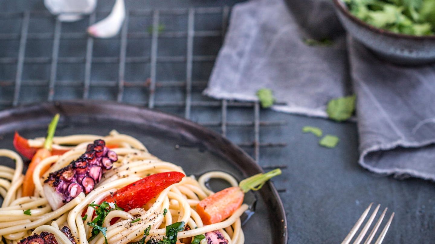 Spaghetti mit gegrilltem Pulpo Rezept