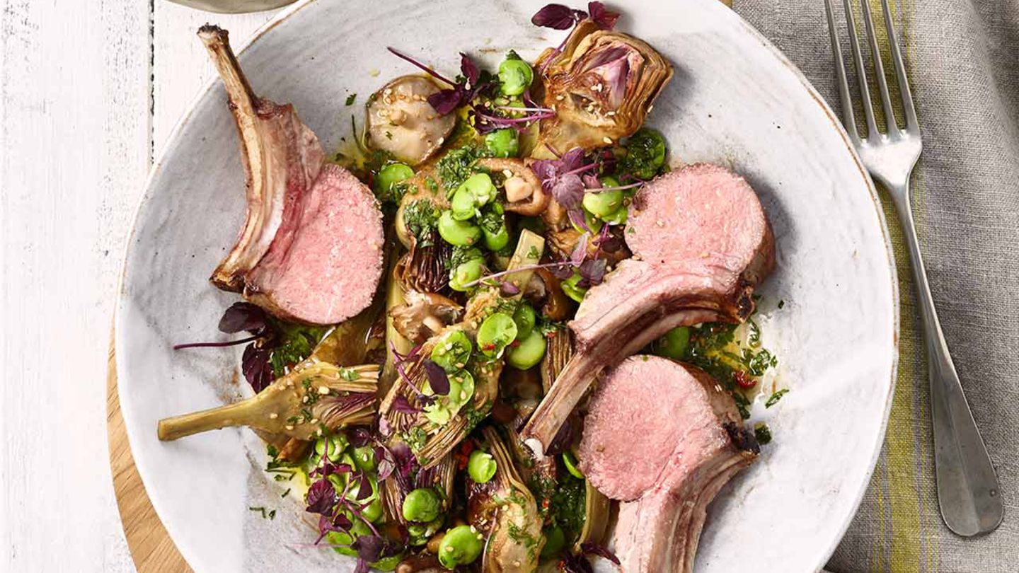 Artischocken-Bohnen-Salat mit Lammkarree Rezept