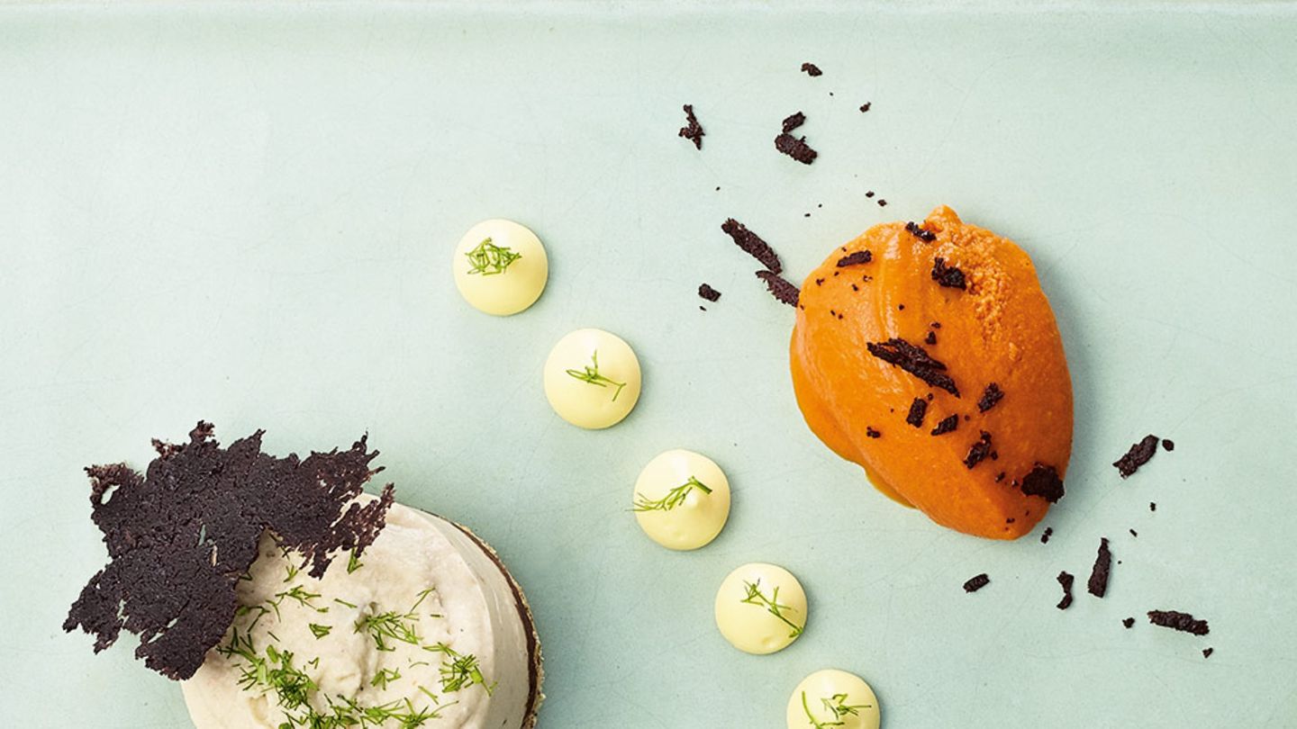Artischocken-Bavaroise mit Paprika-Olivenöl-Eis, Yuzu-Creme und Oliven-Chips Rezept