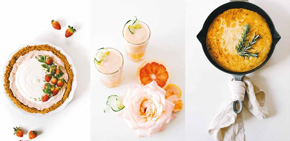 Erdbee-Basilikum-Kuchen, Rosen-Cooler und Maisbrot mit Rosmarin "Minze Salbei Rose" Erdbee-Basilikum-Kuchen, Rosen-Cooler und Maisbrot mit Rosmarin "Minze Salbei Rose"