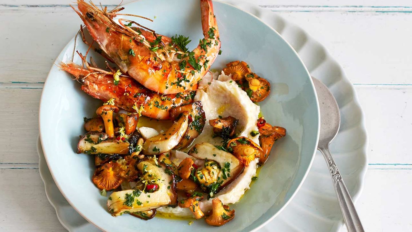 Palbohnenpüree, Garnelen und Pilze Rezept
