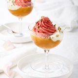 Erdbeer-Sorbet mit Aprikosenkompott und Vanillecreme