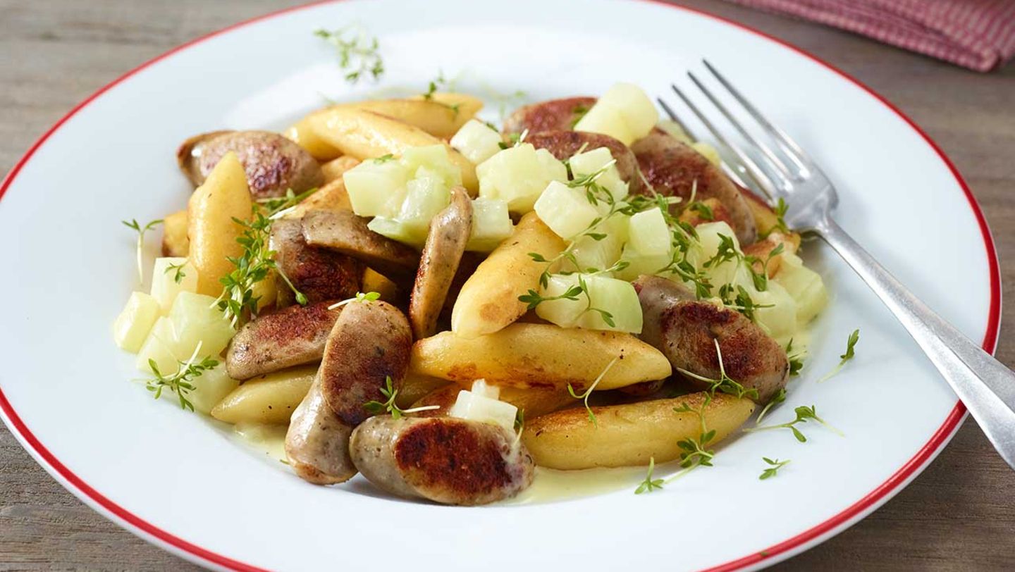 Bratwurst-Schupfnudel-Pfanne mit Kohlrabirahm Rezept