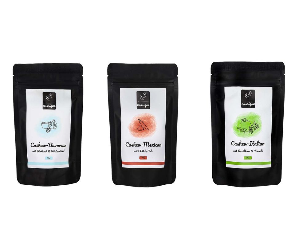Drei Sorten gewürzte Cashewkerne von nussique Drei Sorten gewürzte Cashewkerne von nussique