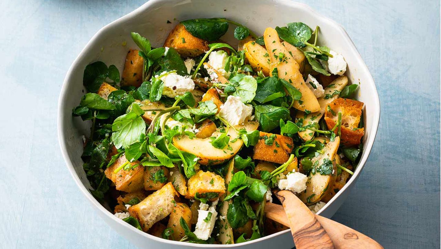 Brotsalat mit Brunnenkresse und Birne Rezept