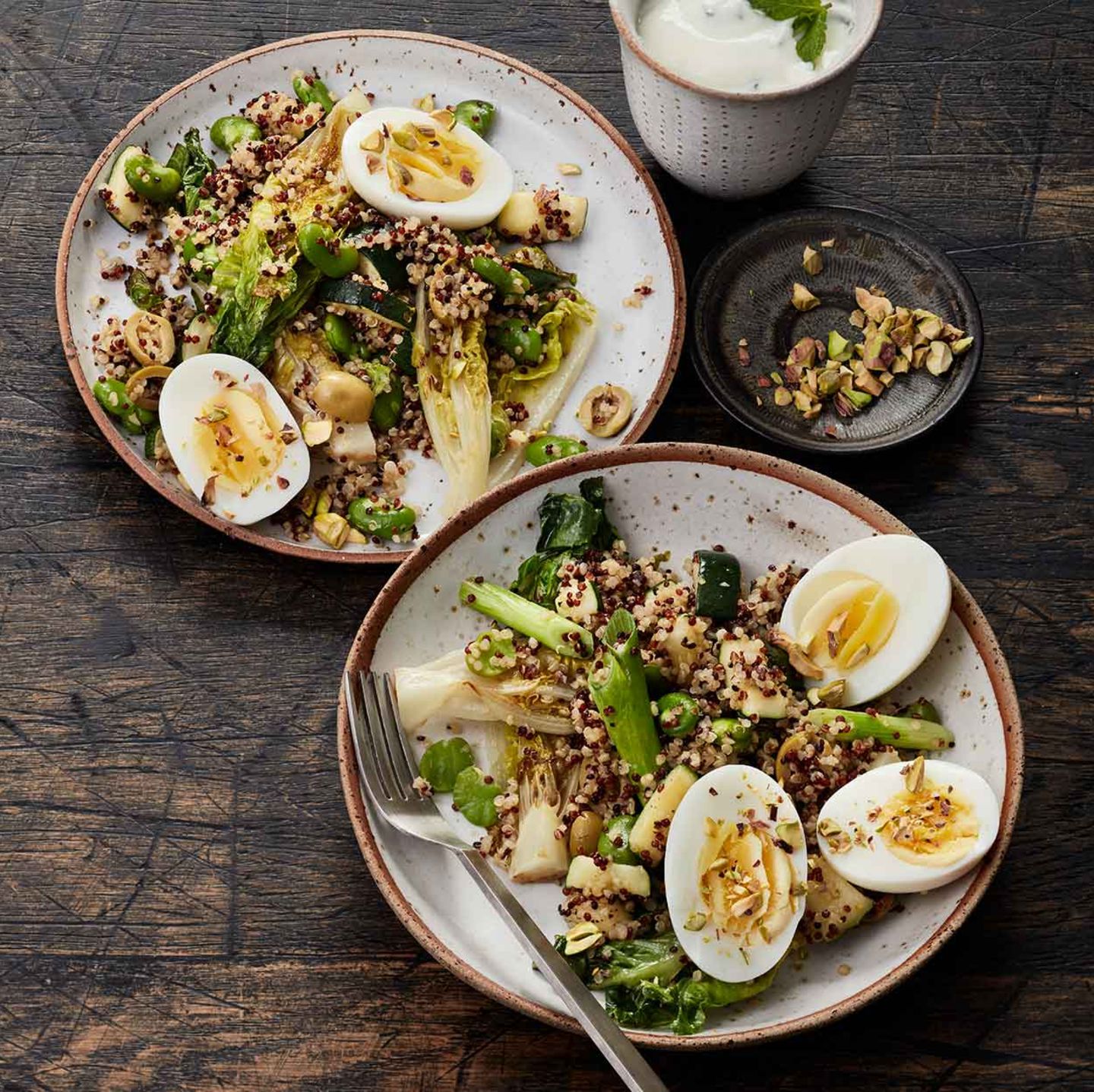 Quinoa-Salat mit Pistazien, festgekochten Eiern, Salat, Bohnen und Frühlingszwiebeln