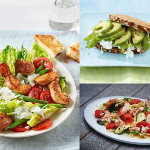 Teaser Wochenplan 17 mit buntem Hähnchensalat, Sattmacher-Stulle und Gemüse-Nudel-Salat mit Lachs