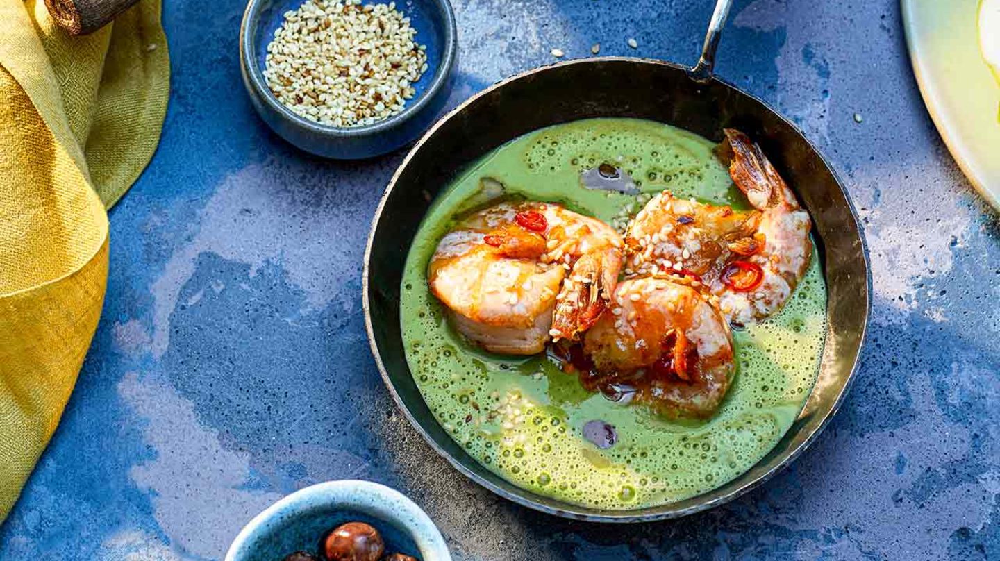 Riesengarnelen mit Erbsen-Koriander-Sauce Rezept