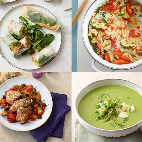 Teaser Wochenplan 21 mit Erbsensuppe, Ratatouille-Schnitzel, Gemüse-Nudel-Risotto, Bulgur-Summerrolls