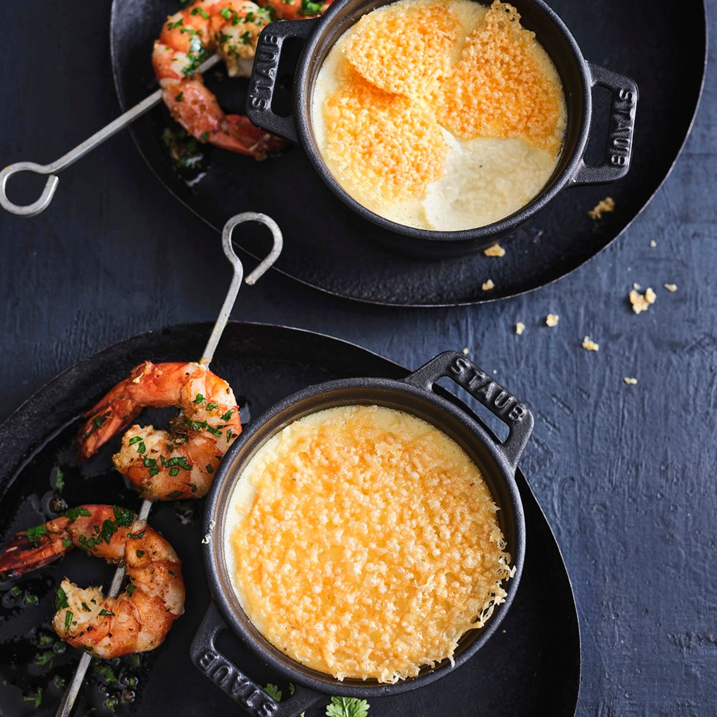 Blumenkohl-Crème-brûlée mit Garnelen