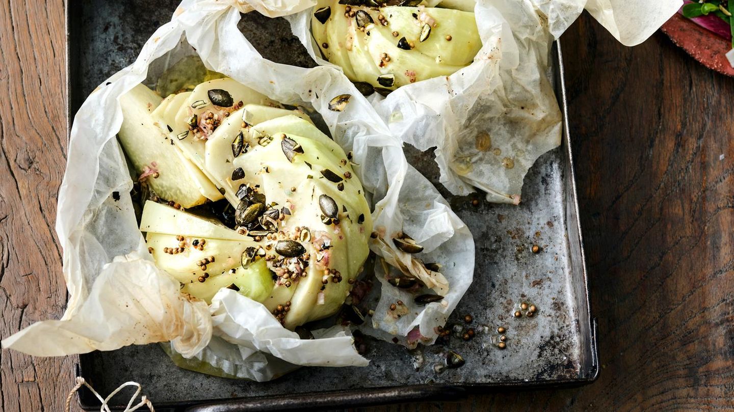 Gebackener Kohlrabi mit Kürbiskern-Vinaigrette Rezept