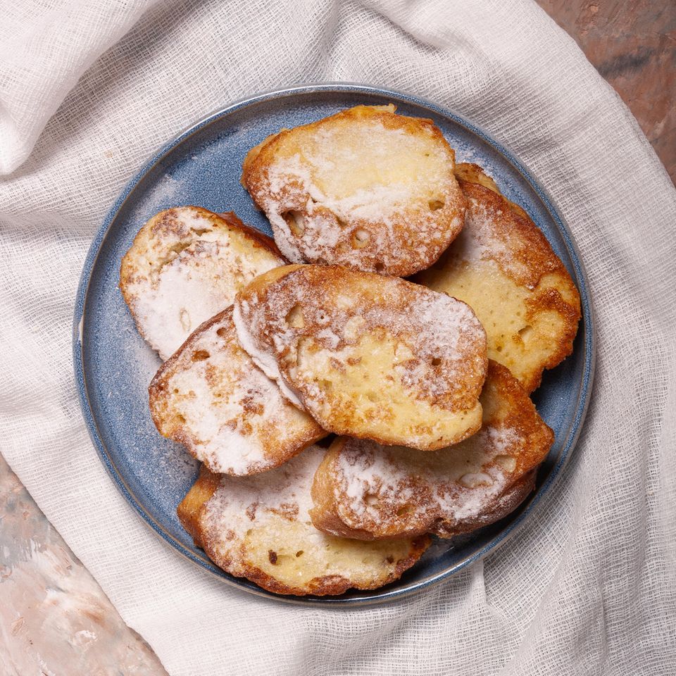 French toast with cinnamon and sugar, fried golden brown