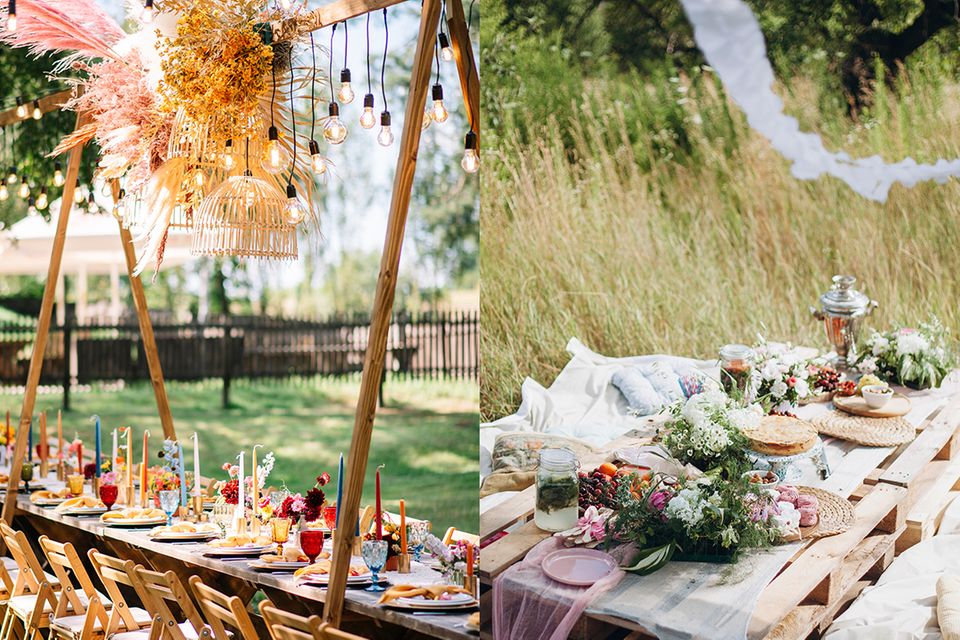 Beim Boho-Style ist alles erlaubt: Kräftige Farben auf dem Tisch sorgen für ausgelassene Stimmung, sanfte Farbtöne und Deko im Vintage-Style für ein Ambiente zum ungezwungenen Chillen in kleiner Picknick-Hochzeitsrunde.