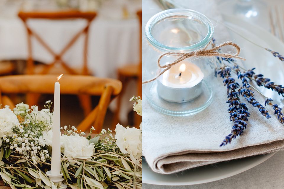 Mit Olivenzweigen kommt südländisches Flair auf den Tisch – als Platzdekoration oder auch üppige Tischdeko. Lavendel-Deko sieht zauberhaft aus und verströmt einen zarten Duft.